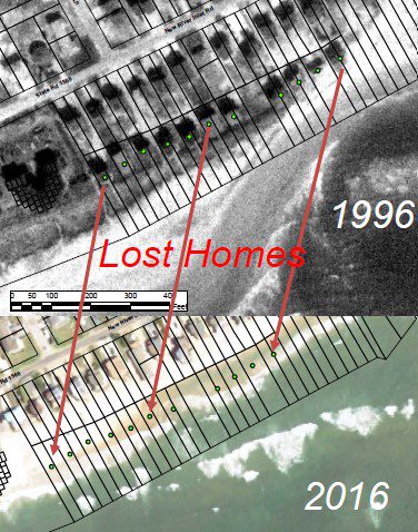 Houses lost to erosion are indicated in this composite image comparing the north end of North Topsail Beach in 1996 and 2016. Source: NTB project proposal