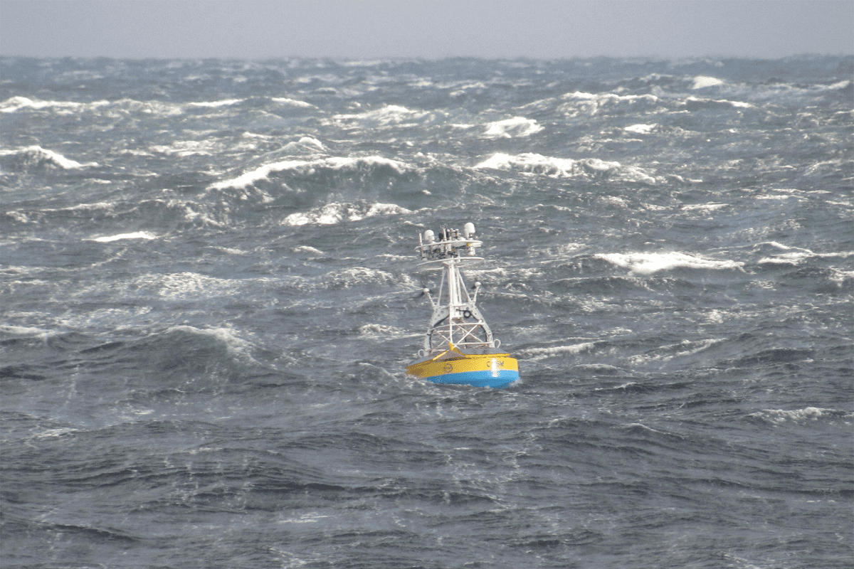 A coastal surface mooring, part of the Ocean Observatories Initiative Coastal Pioneer Array, shown at its first location in New England waters. The Pioneer Array is to be relocated to the N.C. coast in 2024. Photo: Woods Hole Oceanographic Institution