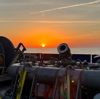 Sunrise on the team on the RV Neil Armstrong Wednesday while in transit to the test mooring deployment sites off the North Carolina coast. Photo: Dee Emrich, Woods Hole Oceanographic Institution
