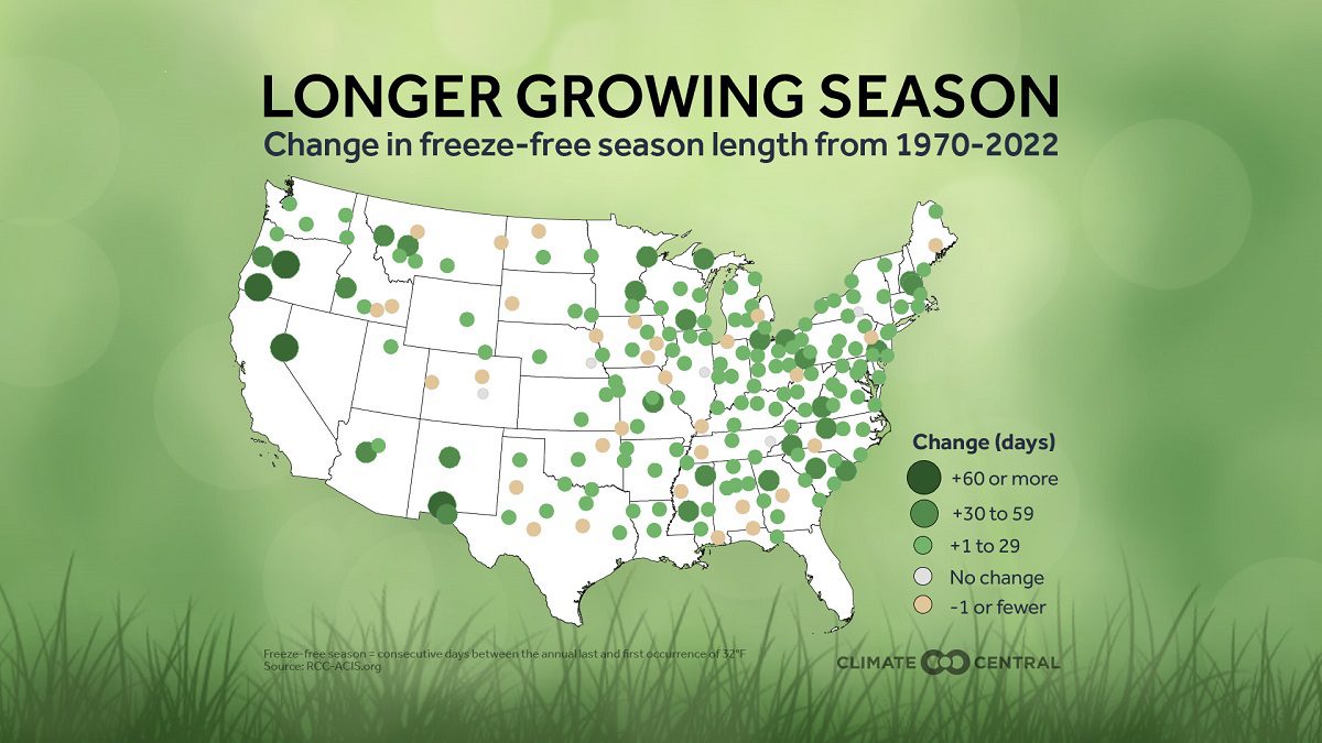 Change in freeze-free season length from 1970 to 2022. Graphic: Climate Central