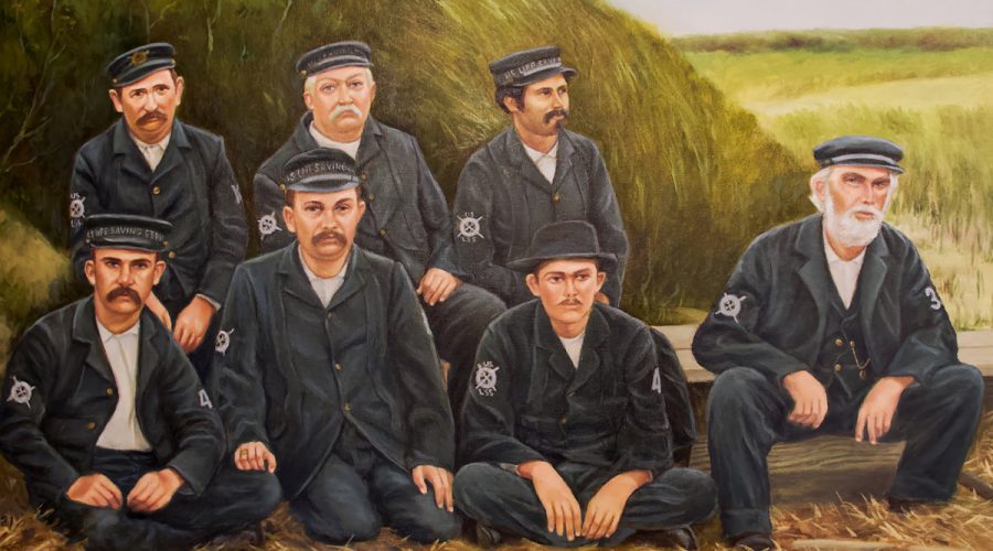  “The Checkerboard Crew” by artist James Melvin is based on a 1910 photograph of Life-Saving Service crewmen. Painting: ©️ 2023 Pea Island Preservation Society Inc.