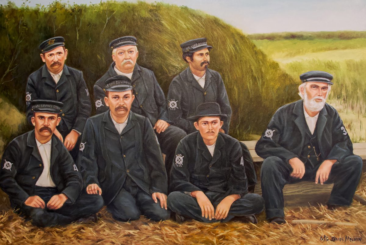  “The Checkerboard Crew” by artist James Melvin is based on a 1910 photograph of Life-Saving Service crewmen. Painting: ©️ 2023 Pea Island Preservation Society Inc.