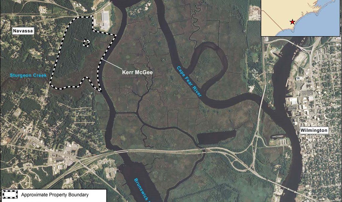 Aerial map illustration showing the location of the former Kerr-McKee wood-treatment processing plant in Navassa. Map: NOAA