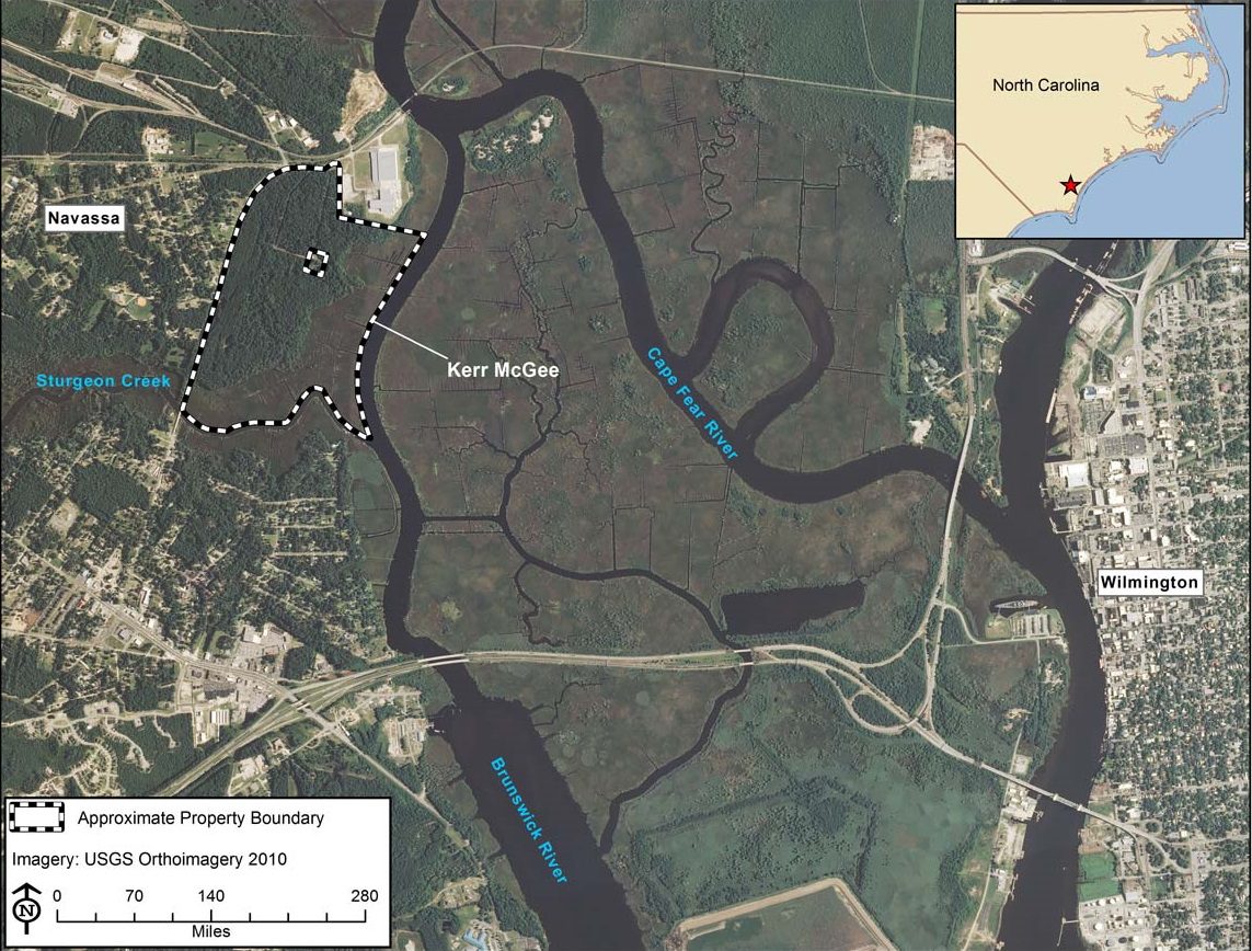 Aerial map illustration showing the location of the former Kerr-McKee wood-treatment processing plant in Navassa. Map: NOAA