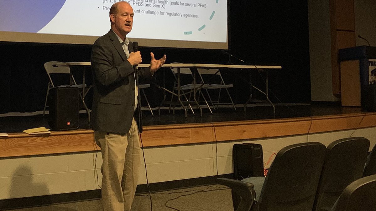 Michael Scott, director of the N.C. Division of Waste Management, discusses private water well testing in the lower Cape Fear region during a public information session Tuesday night in Pender County. Photo: Trista Talton