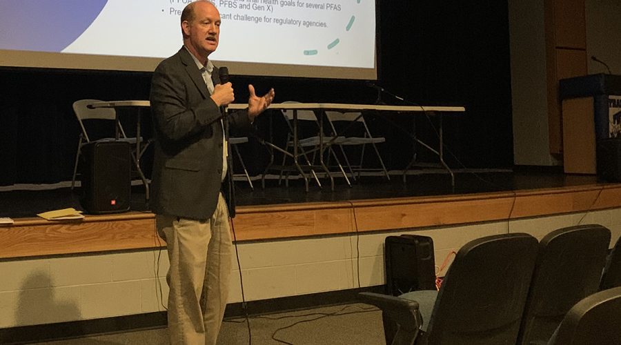 Michael Scott, director of the N.C. Division of Waste Management, discusses private water well testing in the lower Cape Fear region during a public information session Tuesday night in Pender County. Photo: Trista Talton