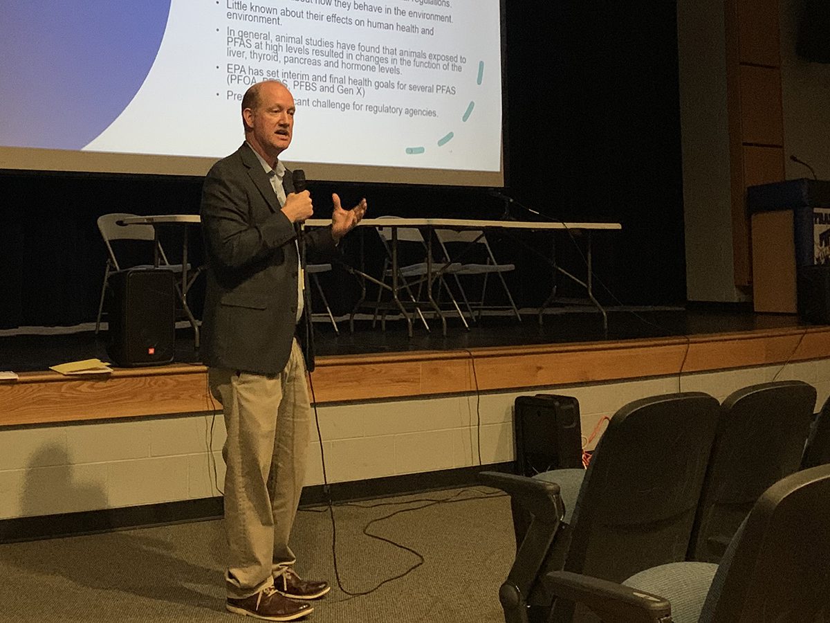 Michael Scott, director of the N.C. Division of Waste Management, discusses private water well testing in the lower Cape Fear region during a public information session Tuesday night in Pender County. Photo: Trista Talton