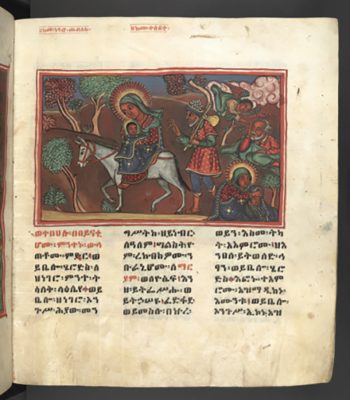 Taken from the Ethiopian mountain stronghold of Maqdala in 1868, this 18th century manuscript of the Nativity of Jesus highlights an apocryphal text written in Coptic in the fifth century A.D. This page, showing the Holy Family escaping the persecution of Herod, features one of the manuscript’s 265 illustrations. Courtesy, the British Library