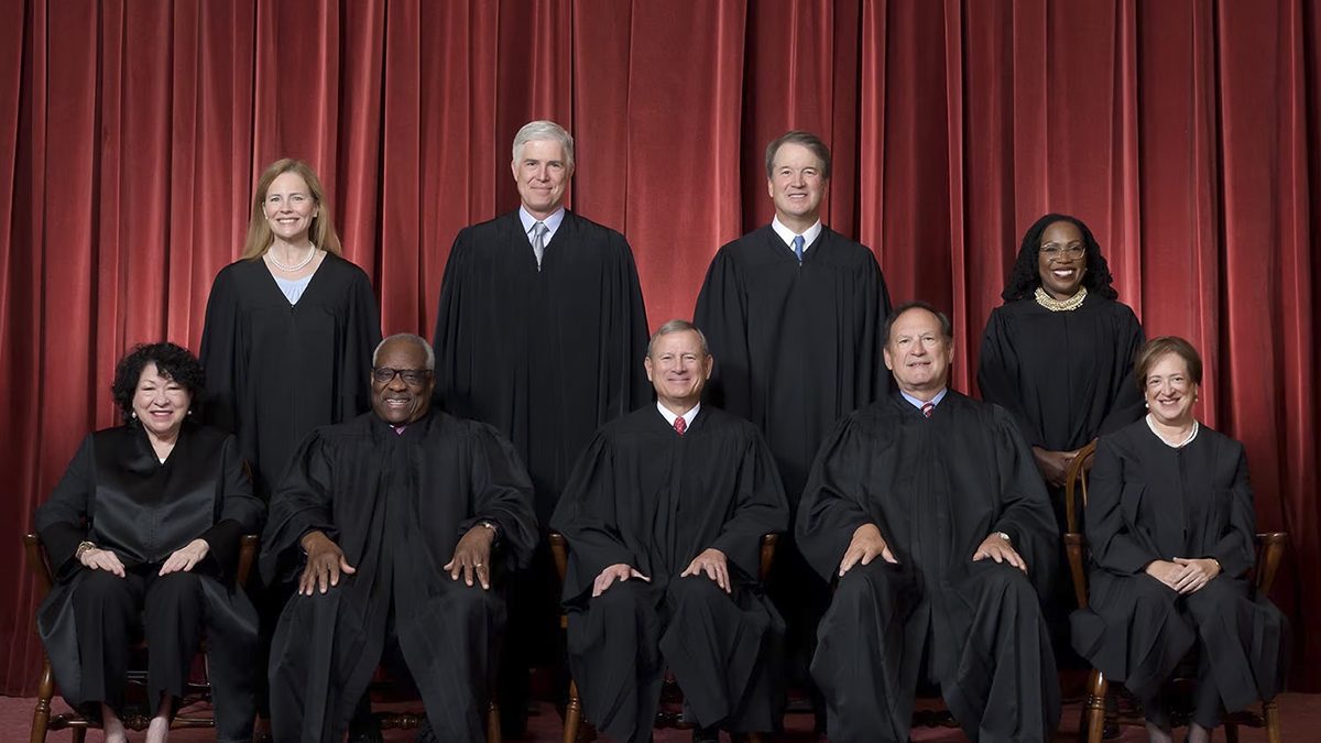The Supreme Court front row, from left: Associate Justice Sonia Sotomayor, Associate Justice Clarence Thomas, Chief Justice John G. Roberts Jr., Associate Justice Samuel A. Alito Jr., and Associate Justice Elena Kagan; back row, from left: Associate Justice Amy Coney Barrett, Associate Justice Neil M. Gorsuch, Associate Justice Brett M. Kavanaugh, and Associate Justice Ketanji Brown Jackson. Photo: Fred Schilling, Collection of the Supreme Court of the United States