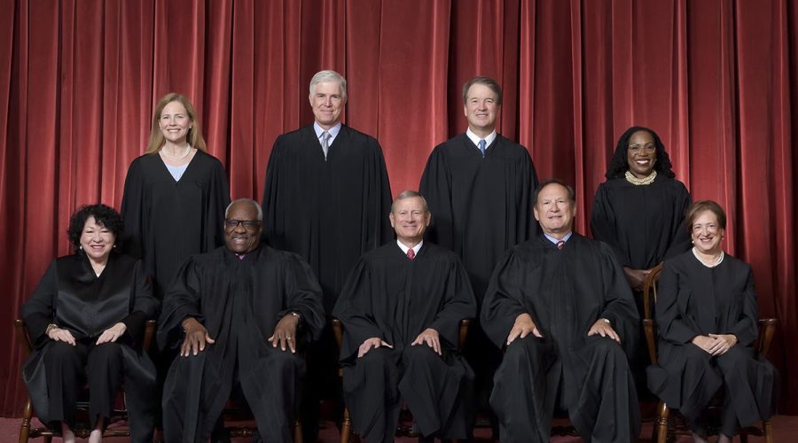 The Supreme Court front row, from left: Associate Justice Sonia Sotomayor, Associate Justice Clarence Thomas, Chief Justice John G. Roberts Jr., Associate Justice Samuel A. Alito Jr., and Associate Justice Elena Kagan; back row, from left: Associate Justice Amy Coney Barrett, Associate Justice Neil M. Gorsuch, Associate Justice Brett M. Kavanaugh, and Associate Justice Ketanji Brown Jackson. Photo: Fred Schilling, Collection of the Supreme Court of the United States