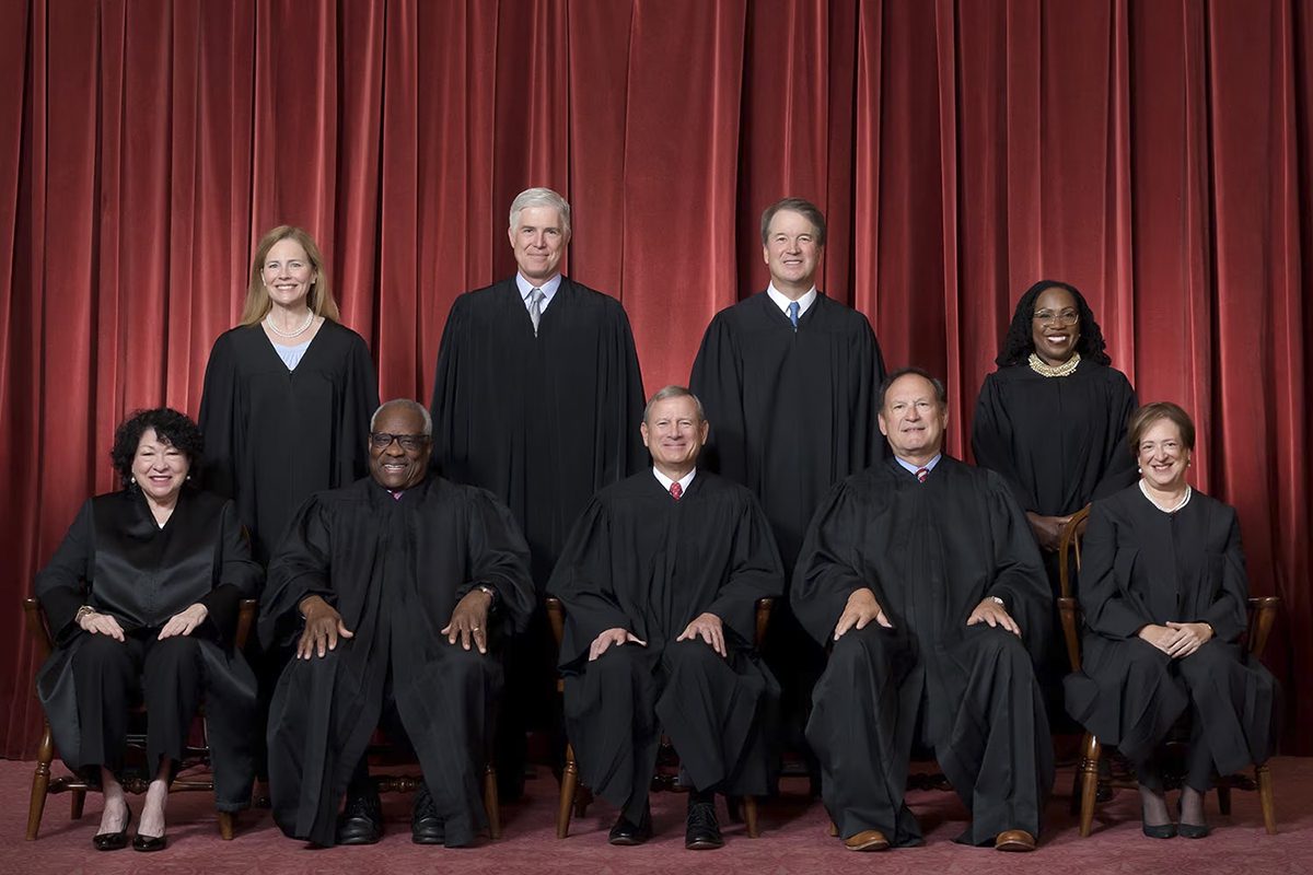 The Supreme Court front row, from left: Associate Justice Sonia Sotomayor, Associate Justice Clarence Thomas, Chief Justice John G. Roberts Jr., Associate Justice Samuel A. Alito Jr., and Associate Justice Elena Kagan; back row, from left: Associate Justice Amy Coney Barrett, Associate Justice Neil M. Gorsuch, Associate Justice Brett M. Kavanaugh, and Associate Justice Ketanji Brown Jackson. Photo: Fred Schilling, Collection of the Supreme Court of the United States