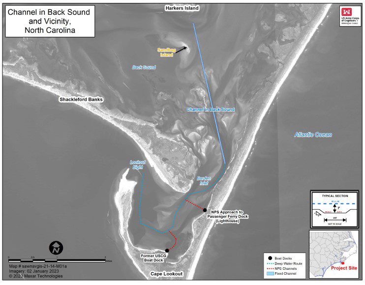 The channel in Back Sound, Sandbag Island Barden Inlet and Lookout Bight are shown in this image from the environmental document for the proposed project.