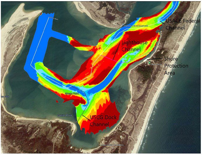 Shoaling in the channels are indicated as warmer colors, with red being the most severe. Image: Corps