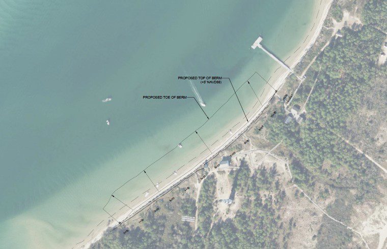 The proposed beach nourishment part of the project is for the soundside beach where historic structures are vulnerable to erosion. Image: Corps