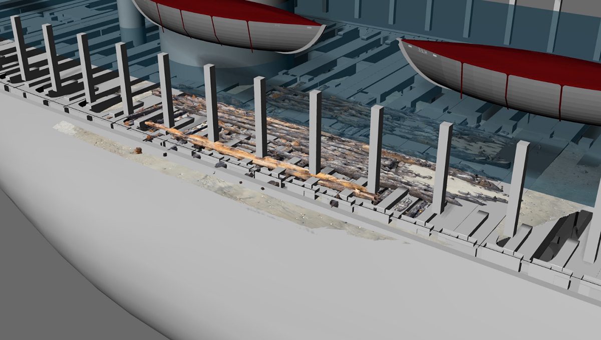 This image from the paper shows an image of the Ray Midgett site material matched to its believed location on the Metropolis with renderings of the lifeboats, smokestack and interior of the saloon deck. Image: Matthew Pawelski/ECU