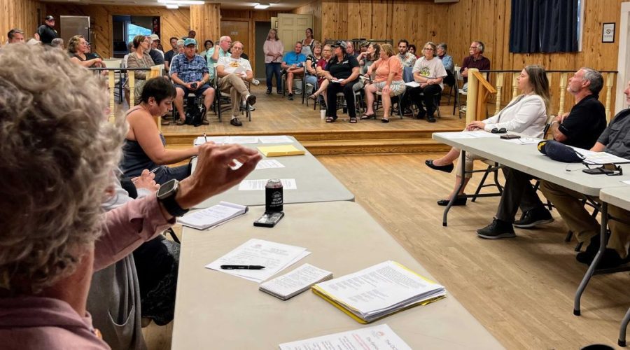 Islanders discuss ferry issues with Hyde County and NC Ferry Division officials at the May 16 OCBA meeting in the Community Center. Photo: Connie Leinbach