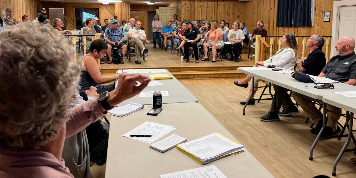 Islanders discuss ferry issues with Hyde County and NC Ferry Division officials at the May 16 OCBA meeting in the Community Center. Photo: Connie Leinbach