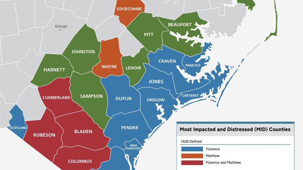 North Carolina's most impacted and distressed counties as a result of hurricanes Matthew and Florence are indicated on this NCORR map. Counties shaded in green are not currently eligible for the homeownership assistance program through the North Carolina Housing Coalition.