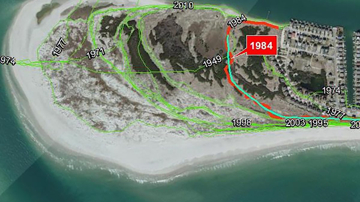 New Topsail Inlet at Topsail Beach is shown with overlays of vegetation lines mapped between 1971 and 2016. Image: N.C. Coastal Resources Commission’s Science Panel on Coastal Hazards and N.C. Division of Coastal Management