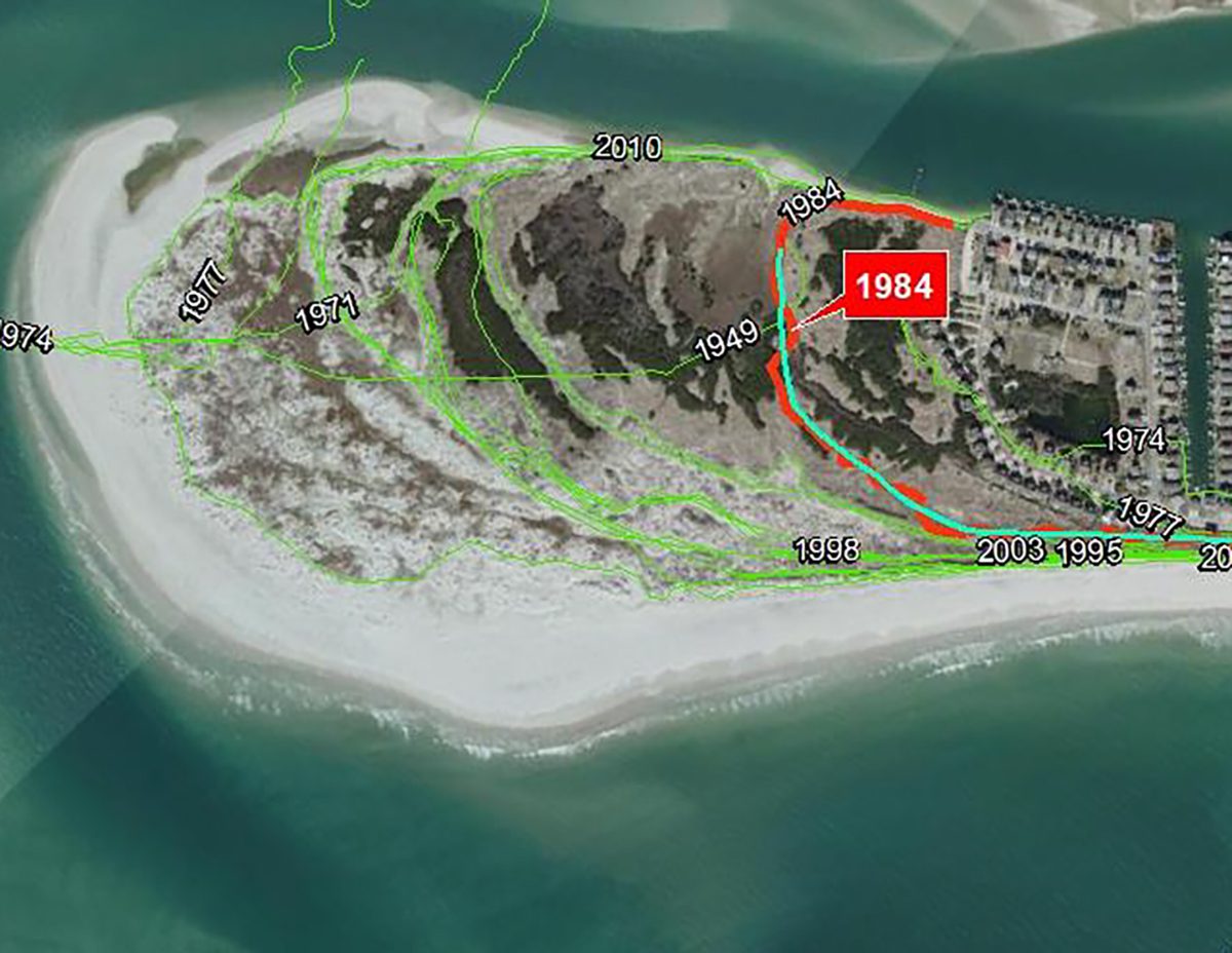 New Topsail Inlet at Topsail Beach is shown with overlays of vegetation lines mapped between 1971 and 2016. Image: N.C. Coastal Resources Commission’s Science Panel on Coastal Hazards and N.C. Division of Coastal Management