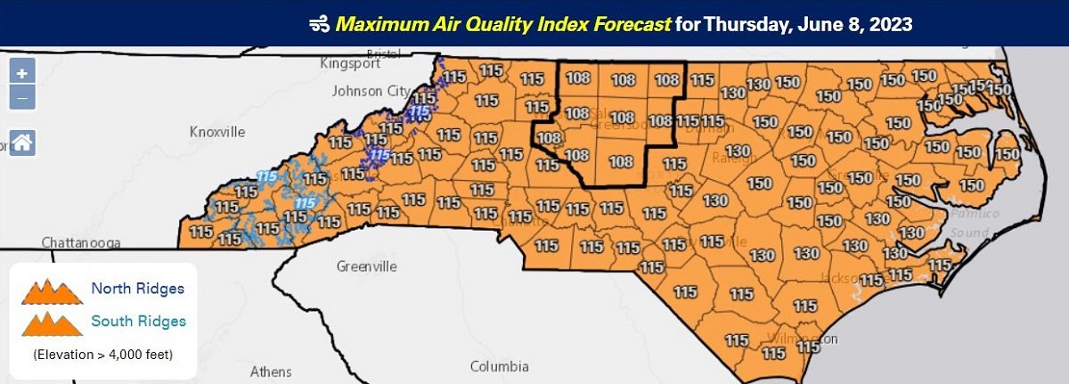 As of 10:30 a.m. Thursday, the entire state is in a Code Orange air quality alert. Map: NCDEQ