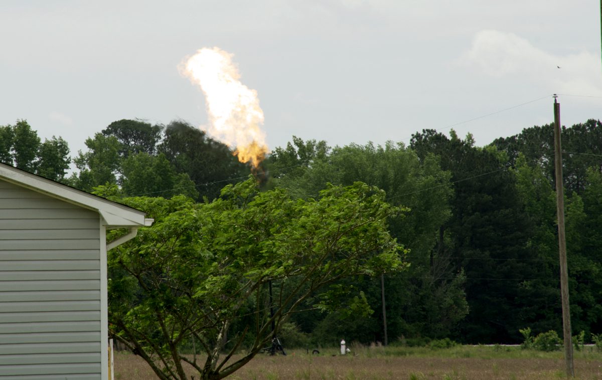 Natural gas maintenance work in May in Lewiston Woodville included hours of venting gas and flame. Photo: Kip Tabb