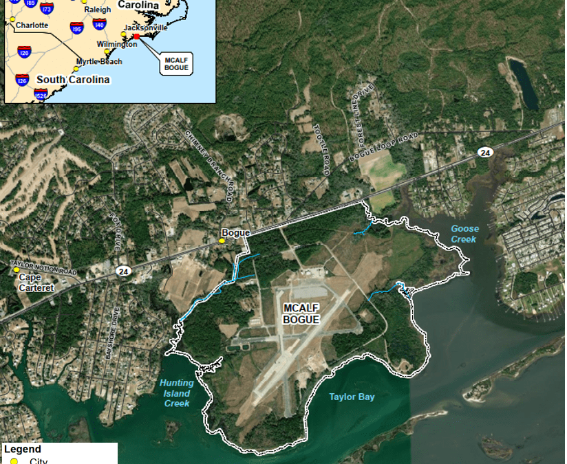 Marine Corps Auxiliary Landing Field Bogue is in Carteret County. Source: USMC