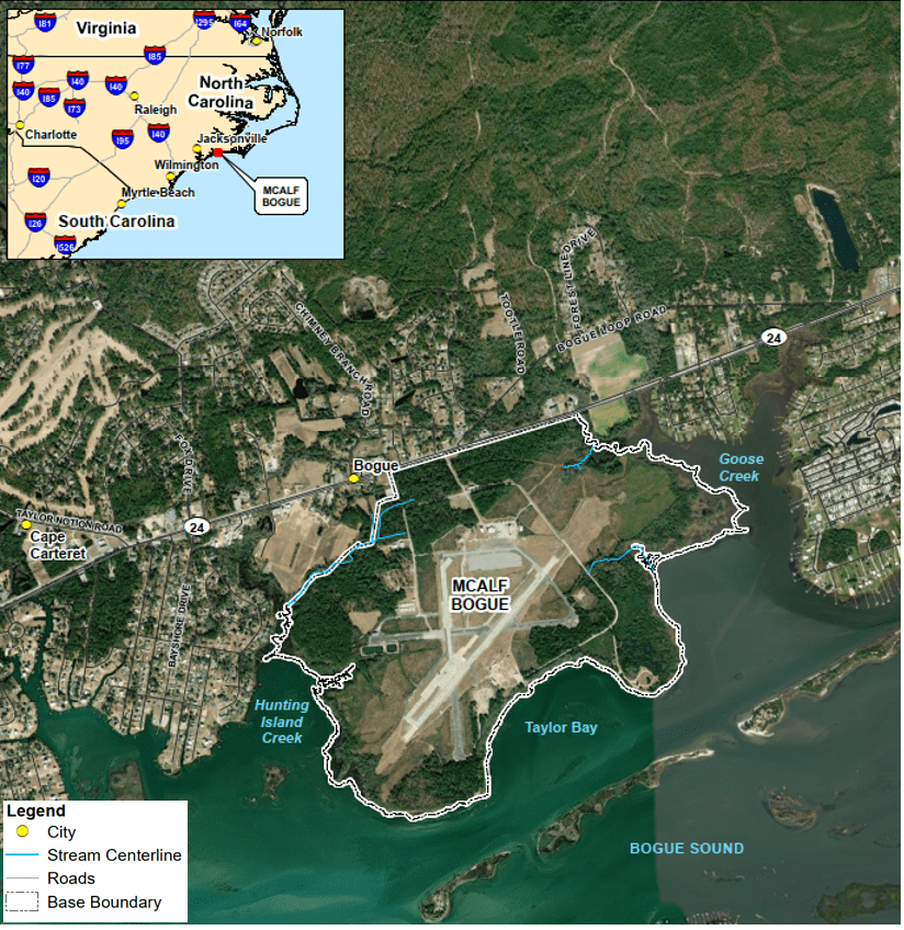 Marine Corps Auxiliary Landing Field Bogue is in Carteret County. Source: USMC