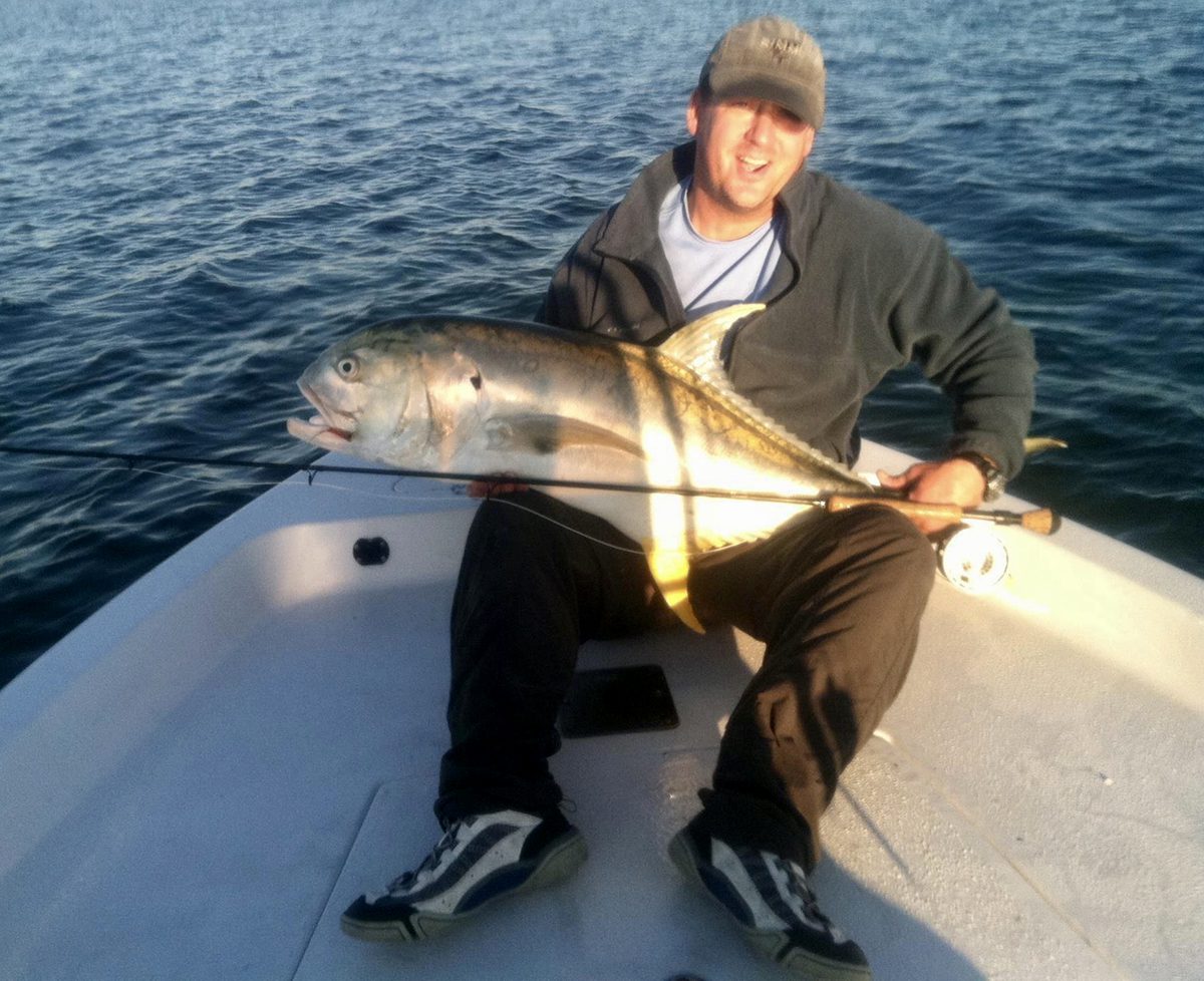 A huge Jack crevalle caught on a fly that took over an hour to get boatside.