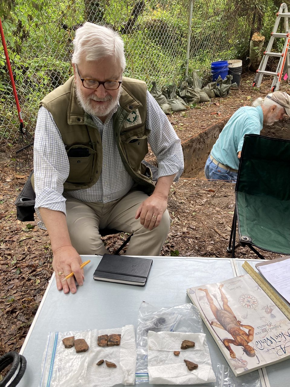 Eric Klingelhofer is shown with pottery sherds found during a 2023 dig. Photo: Catherine Kozak