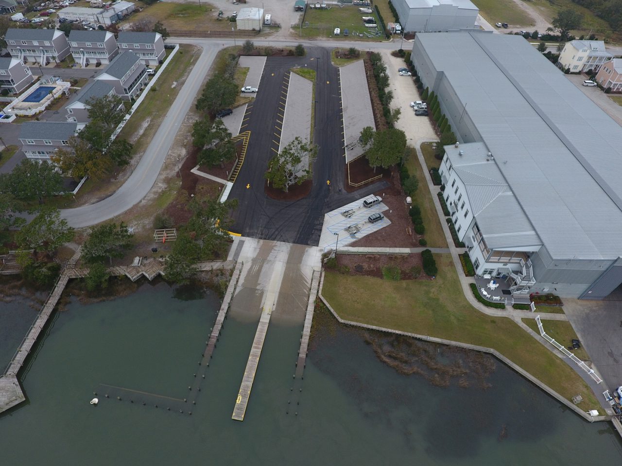 Aerial view of Lennoxville Boat Ramp in Beaufort, one of two sites where state recreational water quality officials have lifted water quality swimming advisories put in place in late June. Photo: N.C. Wildlife Resources Commission