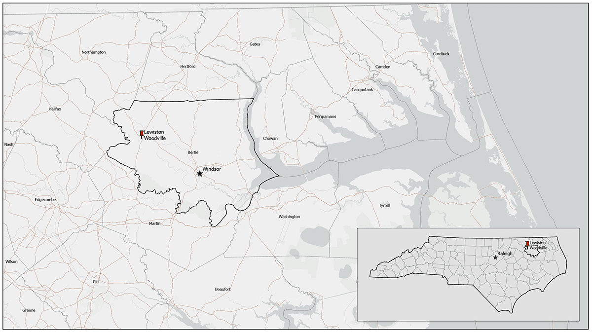 Lewiston Woodville in Bertie County. Map: John Robards for Coastal Review
