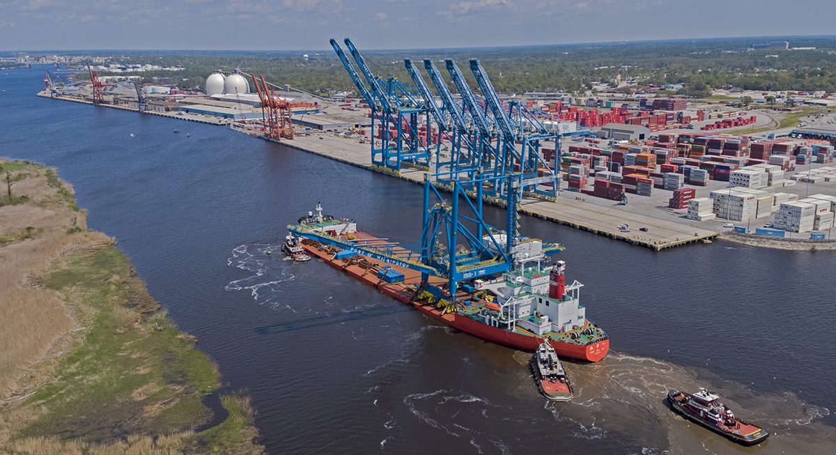 A NeoPanamax ship, which describes ships of roughly 1,200 feet in length, about a 168-foot beam and drawing about 50 feet with a cargo capacity of about 120,000 tons -- the general size limits for ships transiting the Panama Canal since 2016 -- arrives at the North Carolina Port of Wilmington in April 2019, the third such vessel to call at the port. Photo: State Ports Authority