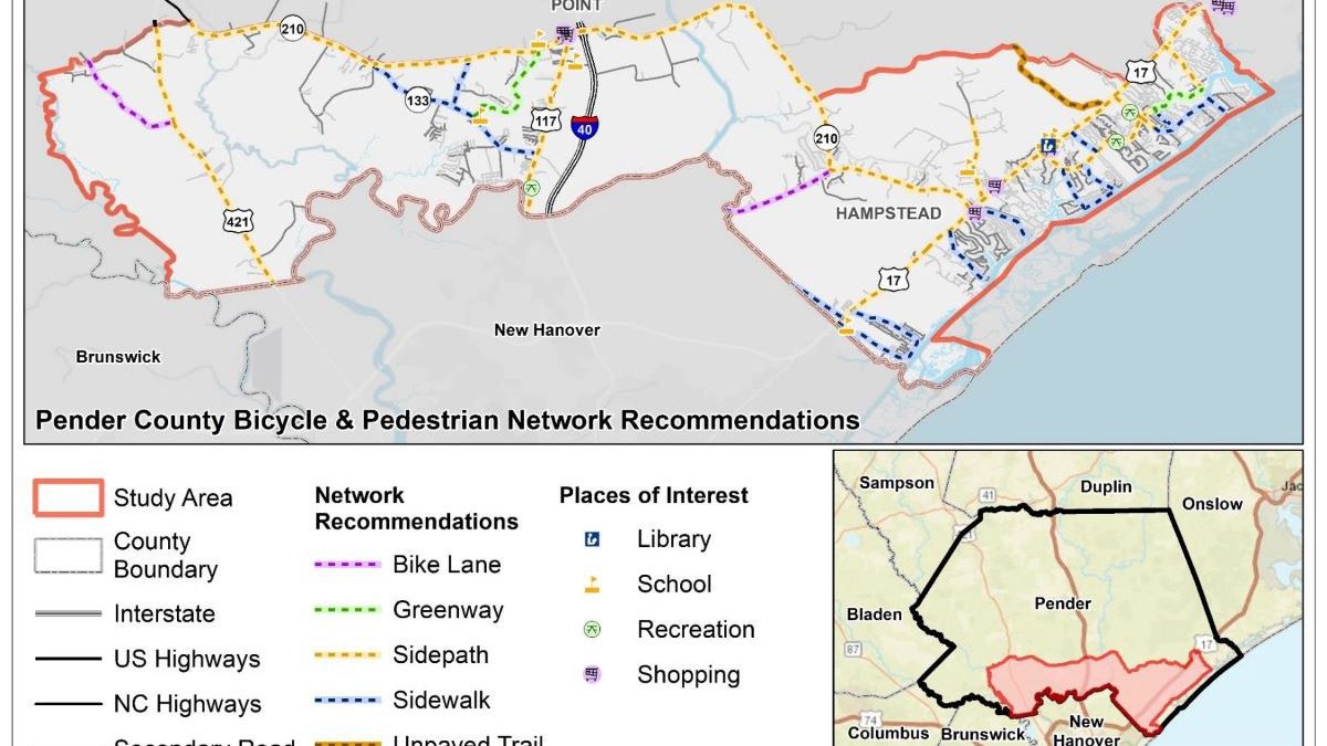 Study area and recommendations for the bicycle and pedestrian network. Graphic: Draft Pender County Bicycle and Pedestrian Plan