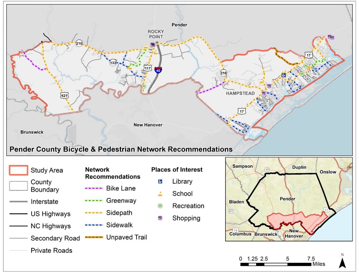 Study area and recommendations for the bicycle and pedestrian network. Graphic: Draft Pender County Bicycle and Pedestrian Plan 