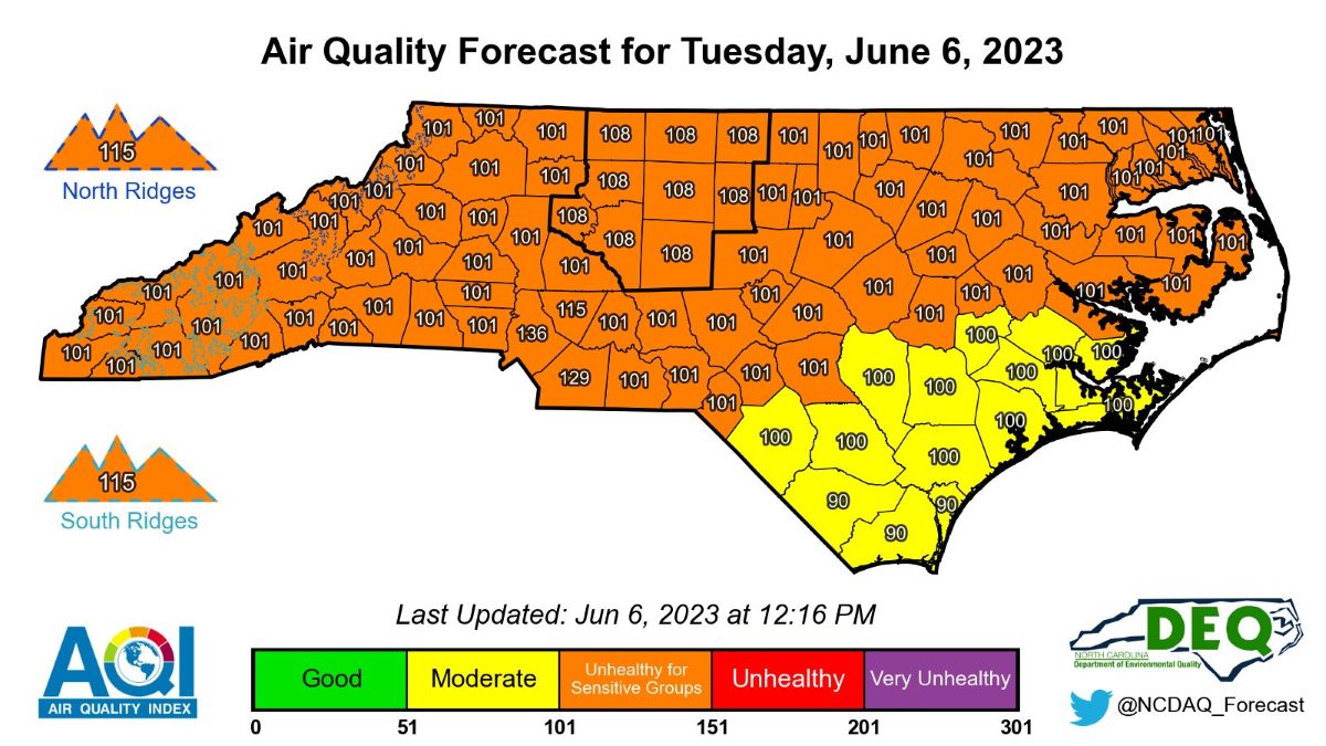 Most of the state is under a Code Orange Air Quality Action Day through midnight Wednesday. Graphic: NCDEQ