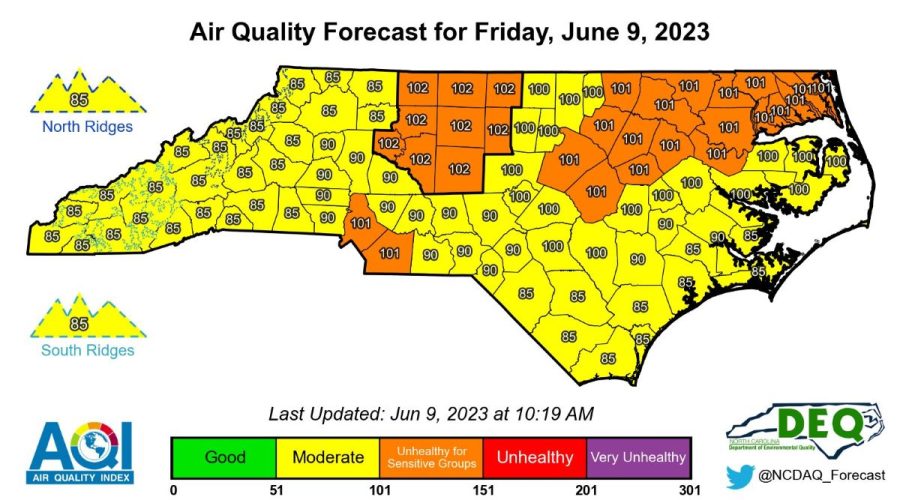 As of Friday morning, Wake County, the northern coastal plain, and the Triad region are under a Code Orange air quality alert. Graphic: NCDEQ