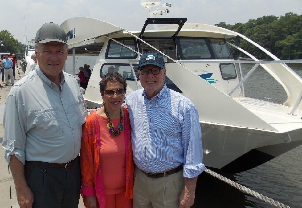 Among those attending a dockside ceremony in Plymouth on Friday to celebrate the arrival of Harbor Towns’ fast ferry the Penelope were (l-r), State Rep. Ed Goodwin, R-Chowan; Bunny Sanders, former mayor of Roper who had the idea three decades ago for a fast ferry system on the Albemarle Sound; and Harbor Towns CEO Nick Didow. Photo: Vernon Fueston/ Chowan Herald
