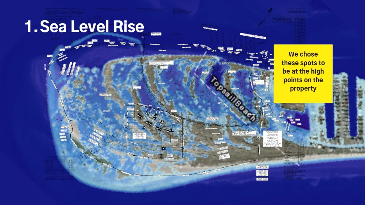 An illustration from a slideshow created to show homesites on high ground at The Point and the effects of sea level rise. Source:  Laura Olson via Preston Lennon