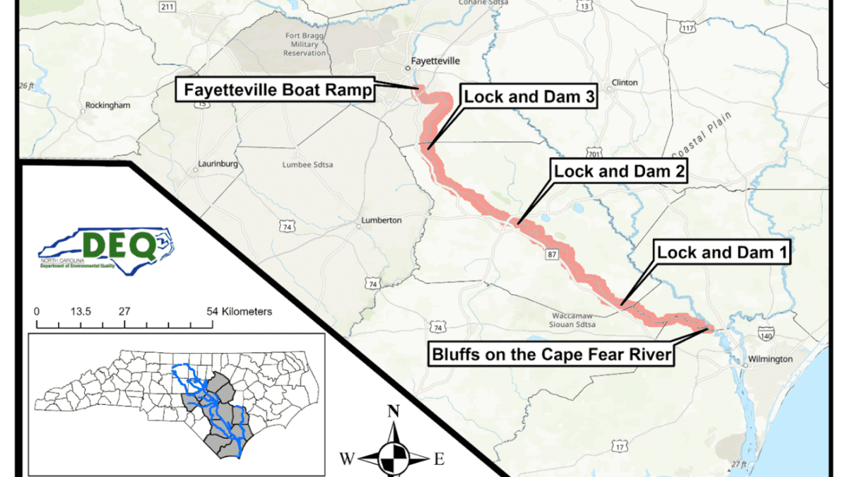 This map of the Cape Fear River shows the region covered by the PFOS fish consumption advisory, which is bounded by the Fayetteville boat ramp and the Bluffs on the Cape Fear. Map: Jared Wilson/NCDEQ