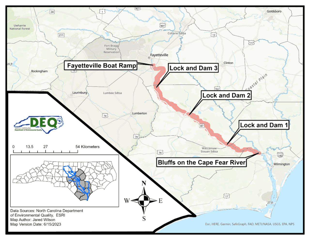 This map of the Cape Fear River shows the region covered by the PFOS fish consumption advisory, which is bounded by the Fayetteville boat ramp and the Bluffs on the Cape Fear. Map: Jared Wilson/NCDEQ