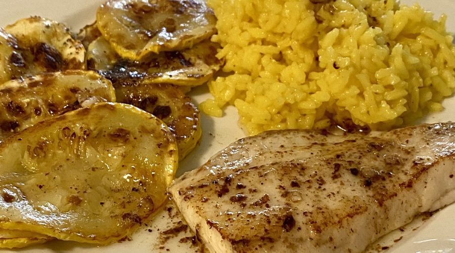 Pan roasted trout with oven roasted summer squash and rice pilaf. Photo: Capt. Gordon Churchill