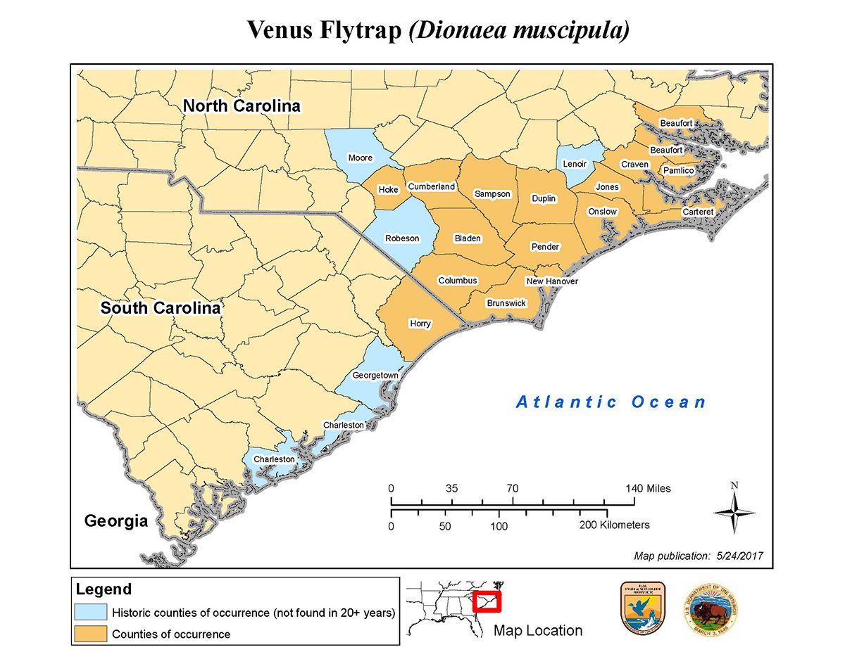 Range of the Venus flytrap. Source: USFWS
