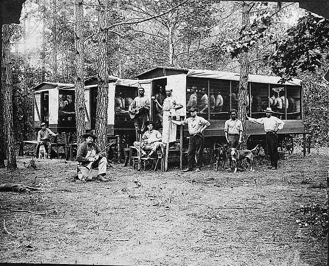 Convict labor camp, Pitt County, N.C., 1910.  While working on roads, 20 or more prisoners at a time were often confined in “convict cages” such as the ones in this photograph. Photo courtesy, Library of Congress
