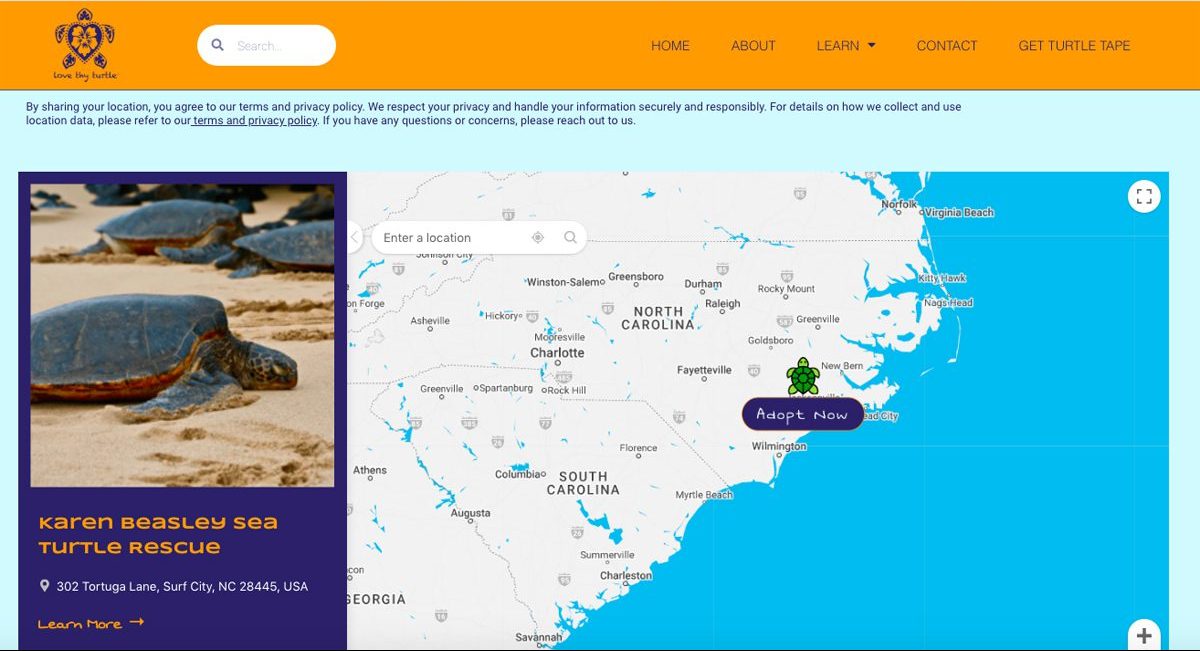 Screen capture of Love thy turtle locator map showing the Karen Beasley Sea Turtle Rescue in Topsail Beach.