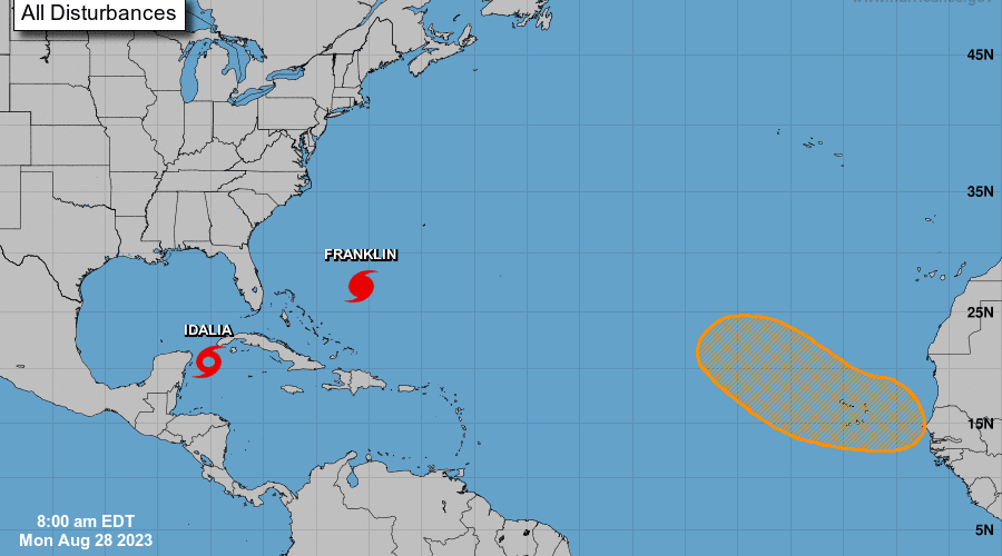 The National Hurricane Center is issuing advisories on Hurricane Franklin, located several hundred miles southwest of Bermuda, and on Tropical Storm Idalia, located over the northwestern Caribbean Sea. Graphic: NWS