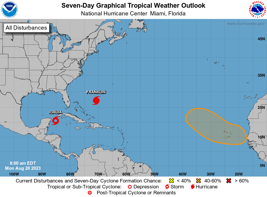 The National Hurricane Center is issuing advisories on Hurricane 
Franklin, located several hundred miles southwest of Bermuda, and on 
Tropical Storm Idalia, located over the northwestern Caribbean Sea. Graphic: NWS