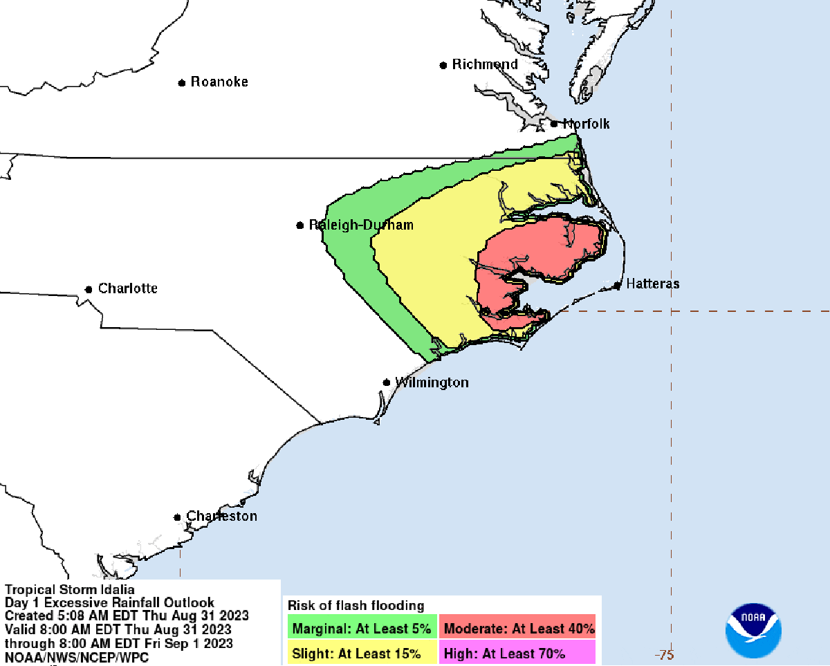 The National Hurricane Center's excessive rainfall outlook for Tropical Storm Idalia. 