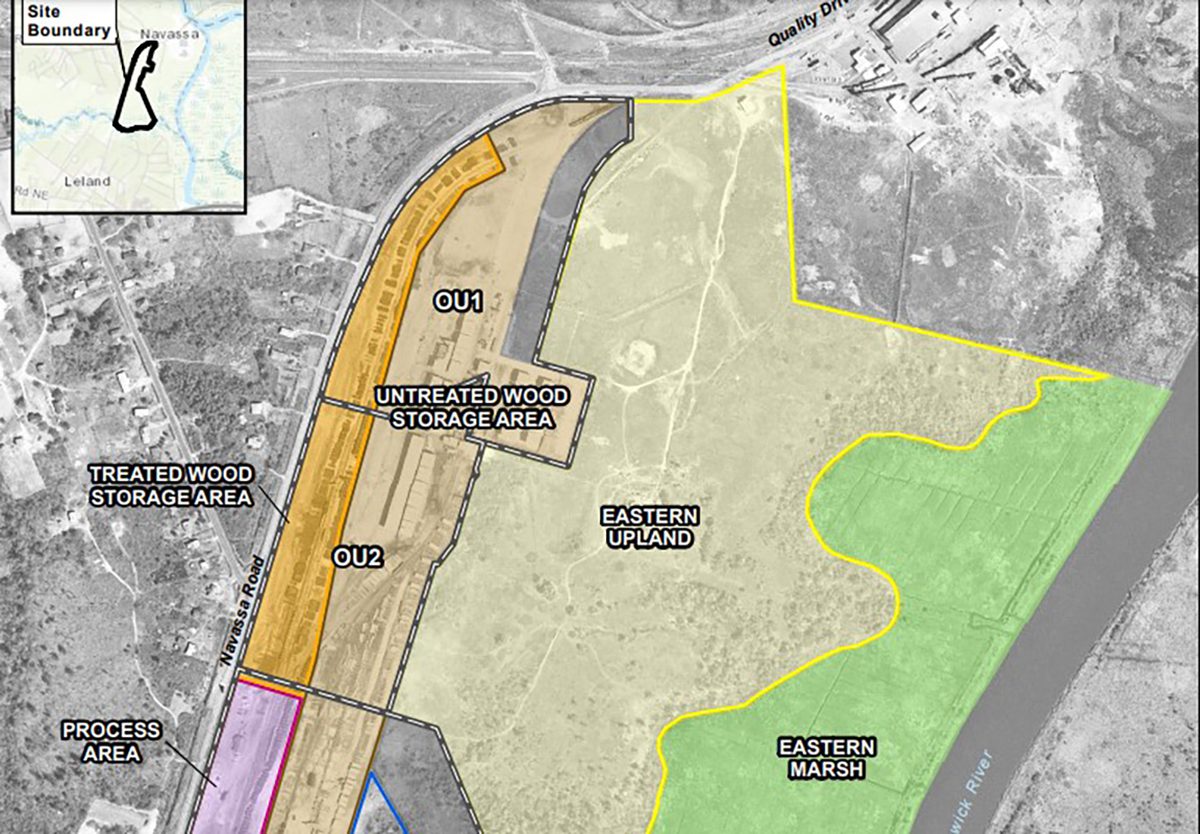 The areas for sale include about half of a 100-acre area known as the Eastern Upland, which is contamination-free, and operable units 1 and 2. Map: Greenfield Environmental Trust