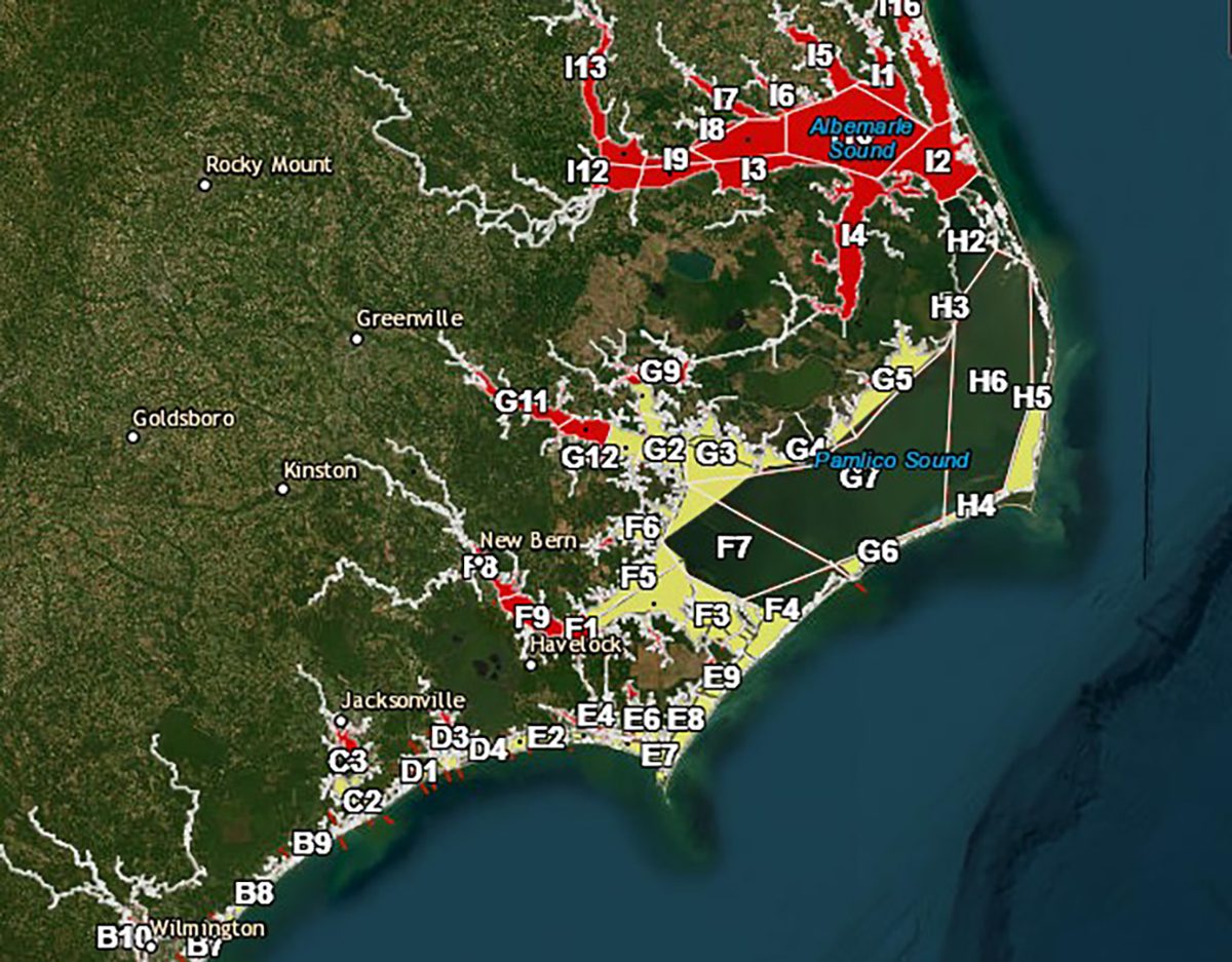 Temporary shellfish closures are shown in yellow, with permanent closures indicated in red in this view Thursday from the online closure viewer.